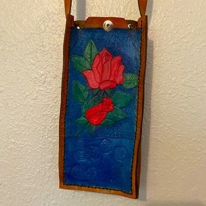 Unique Handmade Leather Rose detailed Crossbody bag - fits an iPhone 11